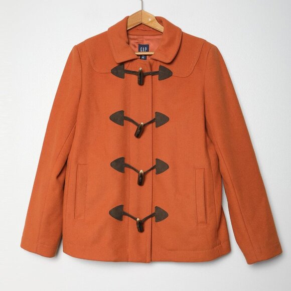 Gap Wool Blend Duffle Coat Winter Fall Peacoat Jacket Orange Brown Zipper Toggle - Picture 2 of 13